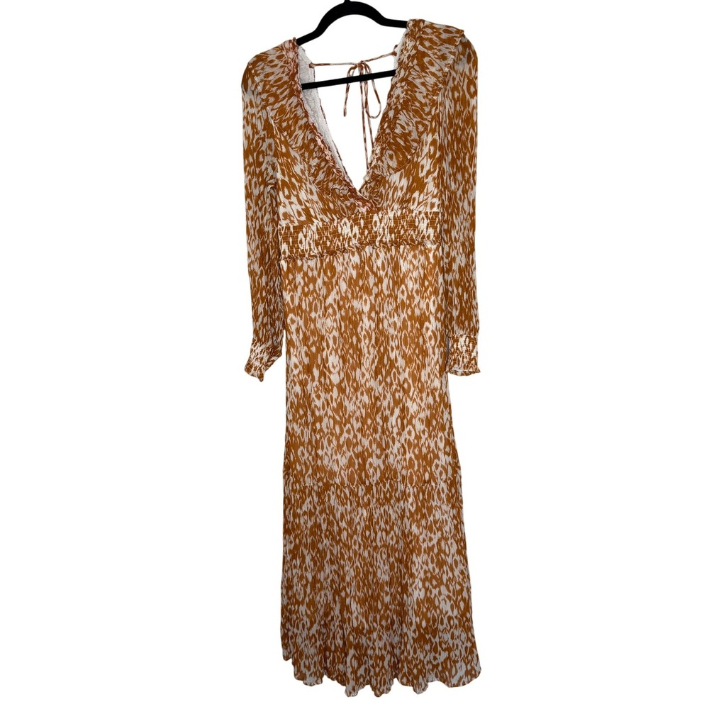 Anthropologie Rust Ikat Ruffle V-Neck Smocked‎ Waist Maxi Dress Large